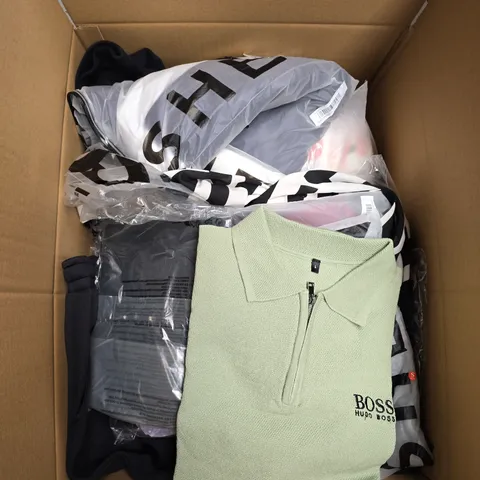 LARGE BOX OF APPROXIMATELY 20 ASSORTED CLOTHING ITEMS IN VARIOUS SIZES, STYLES AND COLOUR