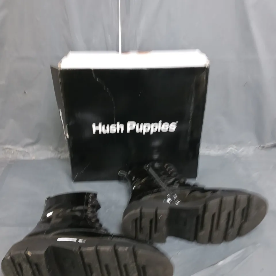 BOXED PAIR OF HUSH PUPPIES RHEA PATENT LACE BOOT BLACK UK 6