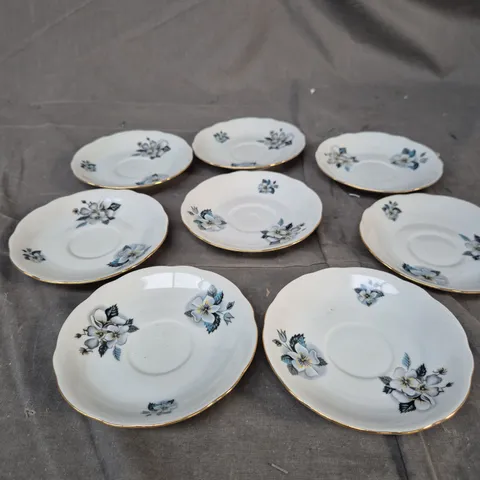 SET OF 8 CZECH PORCELAIN SAUCERS WITH BLUE FLORAL PATTERN AND GILT RIM (MZ MARK, CZECHOSLOVAKIA)