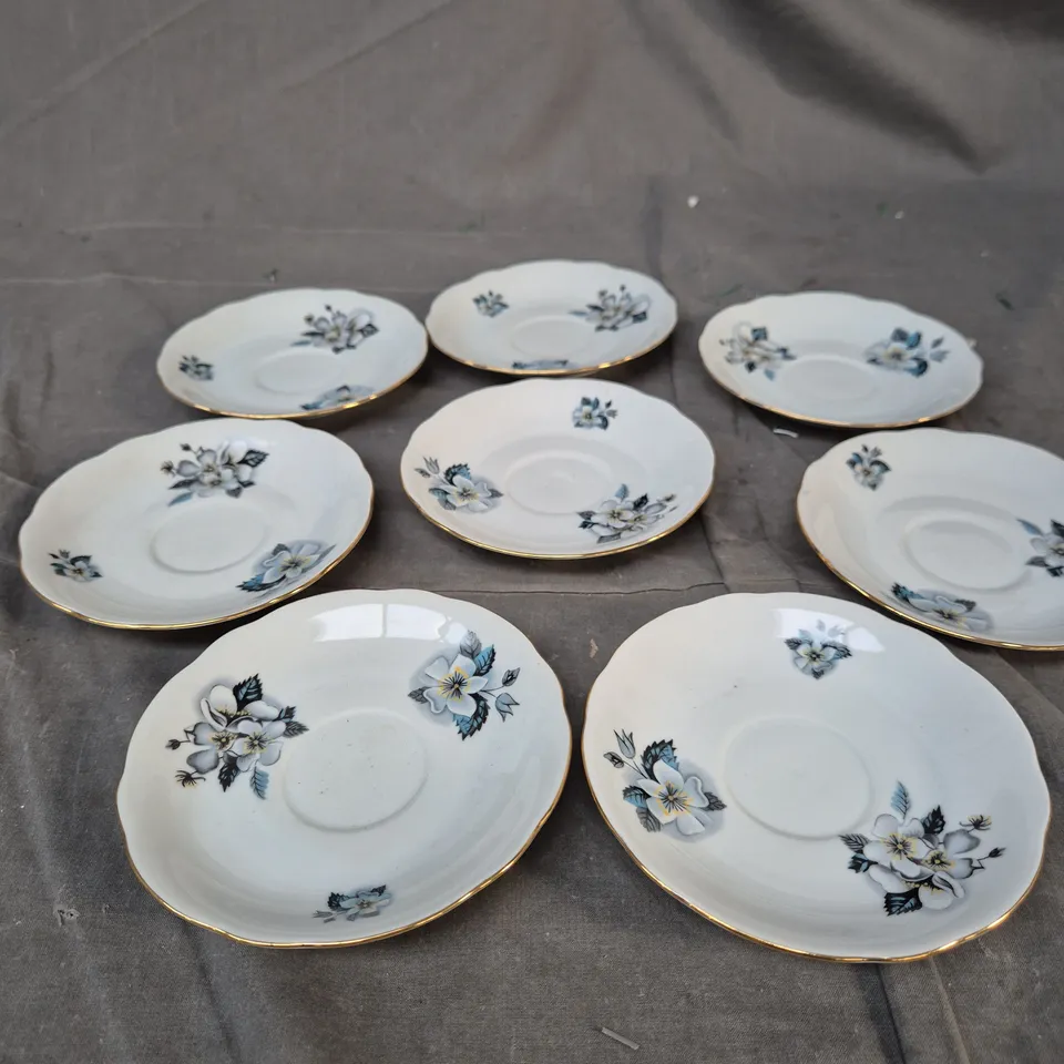 SET OF 8 CZECH PORCELAIN SAUCERS WITH BLUE FLORAL PATTERN AND GILT RIM (MZ MARK, CZECHOSLOVAKIA)