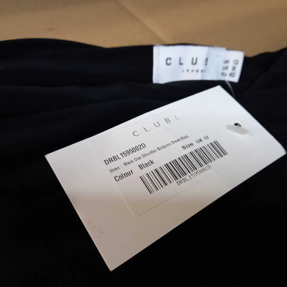 CLUB L BLACK ONE SHOULDER BODYCON DRESS - SIZE 12