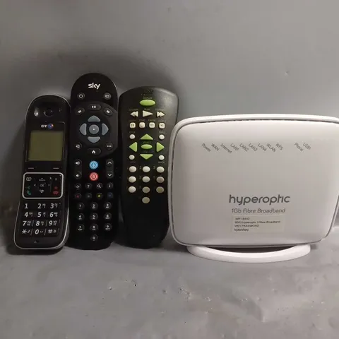 APPROXIMATELY 10 ASSORTED ITEMS TO INCLUDE - HYPEROPHC BROADBAND , SKY REMOTE , BT LANDLINE PHONE ETC