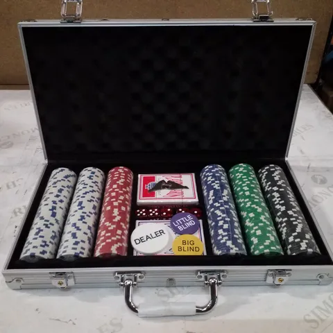 BOXED DISPLAY4TOP TEXAS HOLDEM POKER CHIPS SET WITH ALUMINUM CASE,2 DECKS OF CARDS, DEALER, SMALL BLIND, BIG BLIND BUTTONS AND 5 DICE (300PCS)