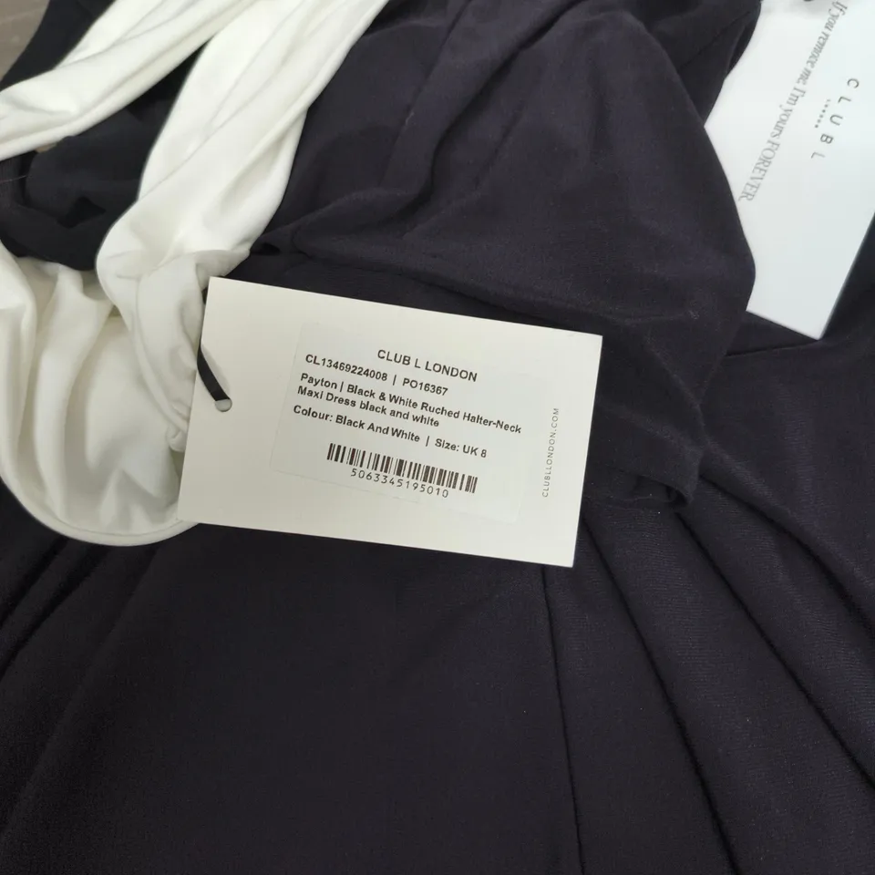 CLUB LONDON BLACK & WHITE RUCHED HALTER-NECK MAXI DRESS, UK 8