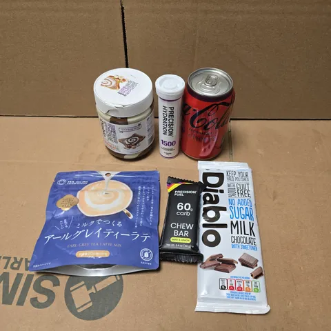 APPROXIMATELY 10 ASSORTED FOOD/DRINK PRODUCTS TO INCLUDE CHERRY COKE, DIABLO, CARB CHEW BAR ETC 