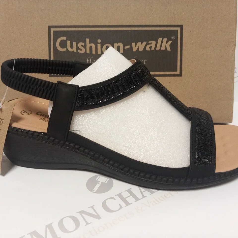 BOXED CUSHION WALK DIAMANTE T BAR SANDAL BLACK SIZE 4