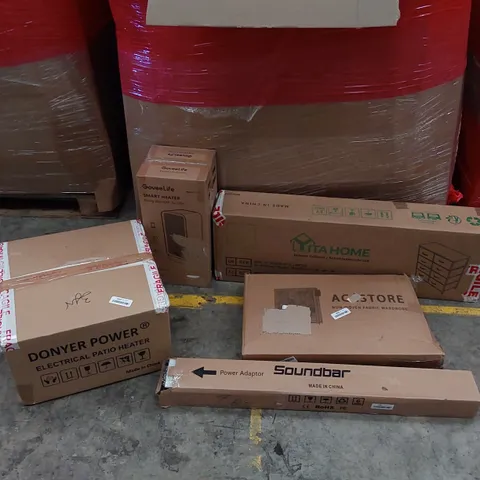 PALLET OF ASSORTED ITEMS INCLUDING: DRAWER CABINET, ELECTRICAL PATIO HEATER, SMART HEATER, SOUNDBOARD, FABRIC WARDROBE