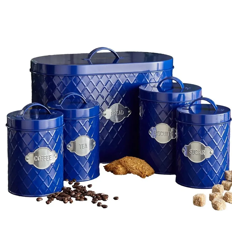 BOXED NEO COPPER EMBOSSED 5 PIECE KITCHEN CANNISTER SET - NAVY BLUE (1 BOX)