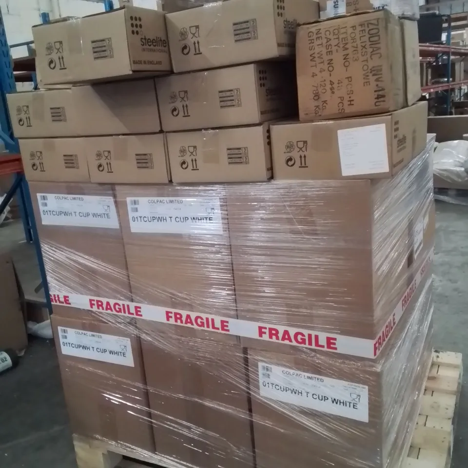 PALLET CONTAINING A LARGE QUANTITY OF PAPER FRENCH FRIES CUPS AND AURORA ROSE QUARTZ ROUND STACKING TRAYS