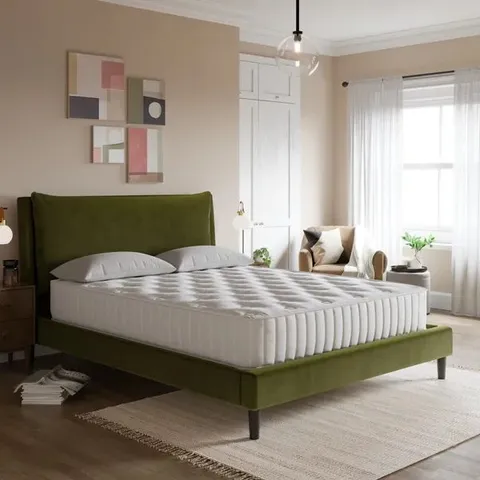 BOXED SKYLAR VELVET PILLOW BACK DOUBLE SIZE BED FRAME - OLIVE (2 BOXES)