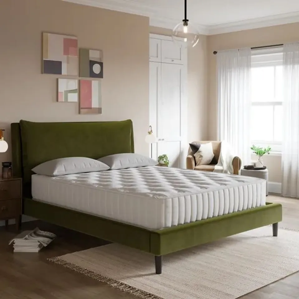 BOXED SKYLAR VELVET PILLOW BACK DOUBLE SIZE BED FRAME - OLIVE (2 BOXES)