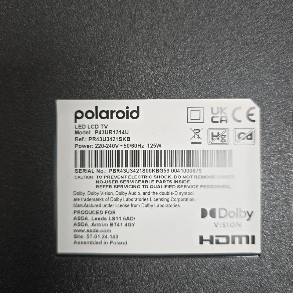 POLAROID LED LCD TV WITH ROKU TV BUILT-IN, 43-INCH, MODEL P43UR1314U