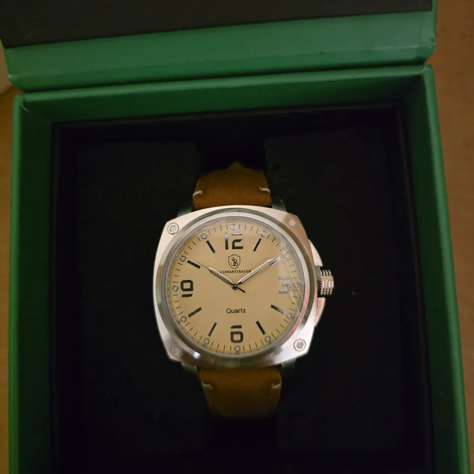 SCHWARTZBAUER QUARTZ WRISTWATCH – BEIGE DIAL, BROWN LEATHER STRAP, BOXED