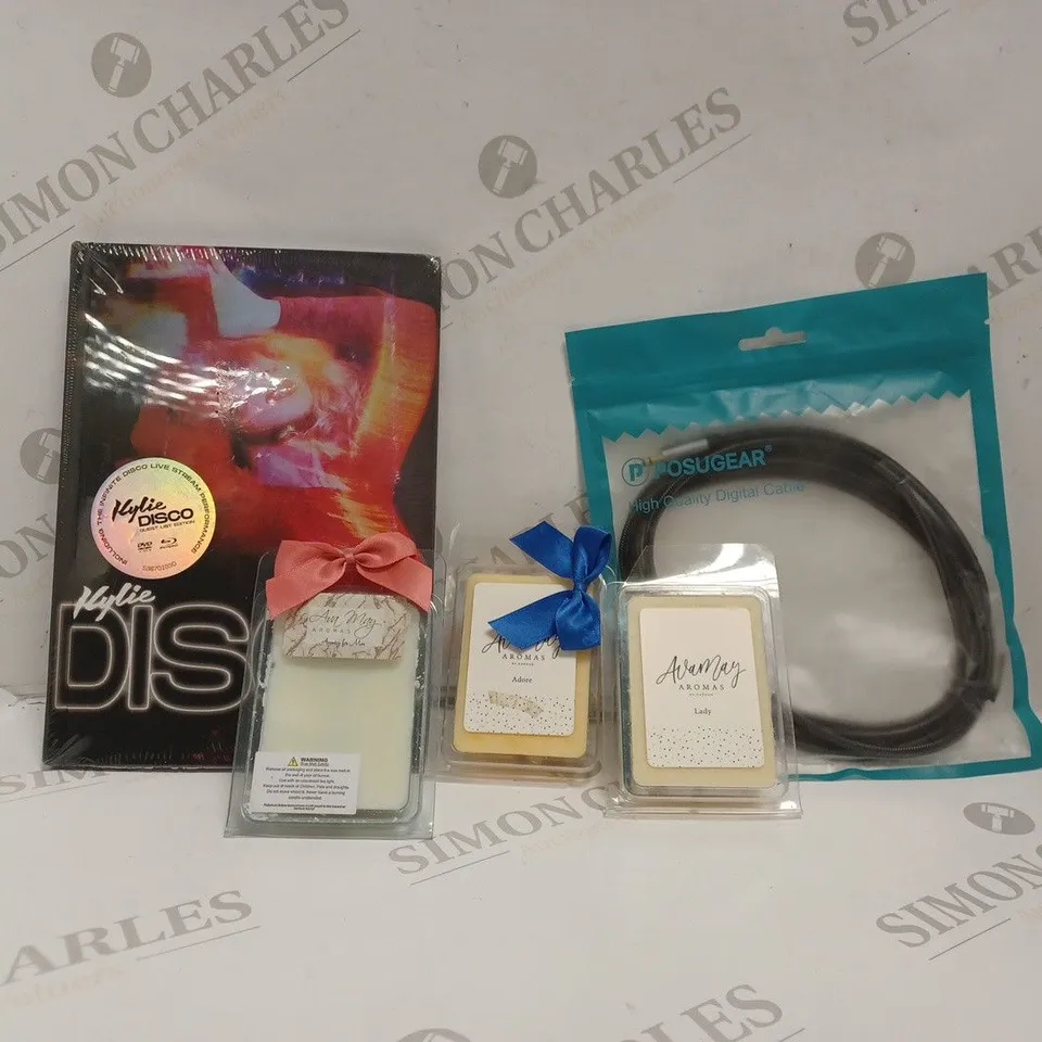 BOX OF APPROX 20 ASSORTED ITEMS TO INCLUDE POSUGEAR DIGITAL CABLE, KYLIE DISCO GUEST LOST EDITION, VARIOUS AVA MAY AROMAS, ETC. 