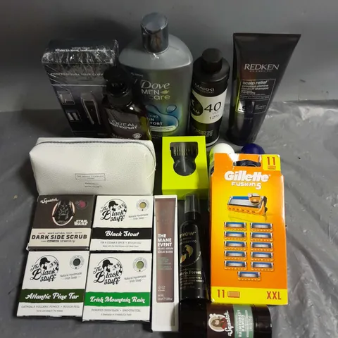 APPROXIMATELY 15 ASSORTED COSMETIC PRODUCTS TO INCLUDE - DR. SQUATCH DARK SIDE SCRUB - DOVE MEN BODY FACE & HAIR WASH - SHAKE UP THE MAN EVENT BEARD SERUM - ETC