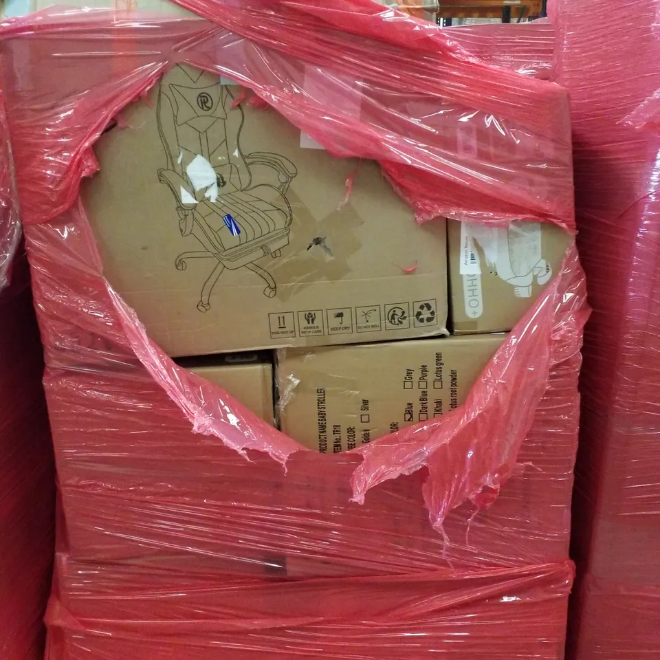 PALLET CONTAINING ASSORTED PRODUCTS INCLUDING CAMPING TENT, GAMING OFFICE CHAIR, BABY STROLLER & BOOSTER SEAT