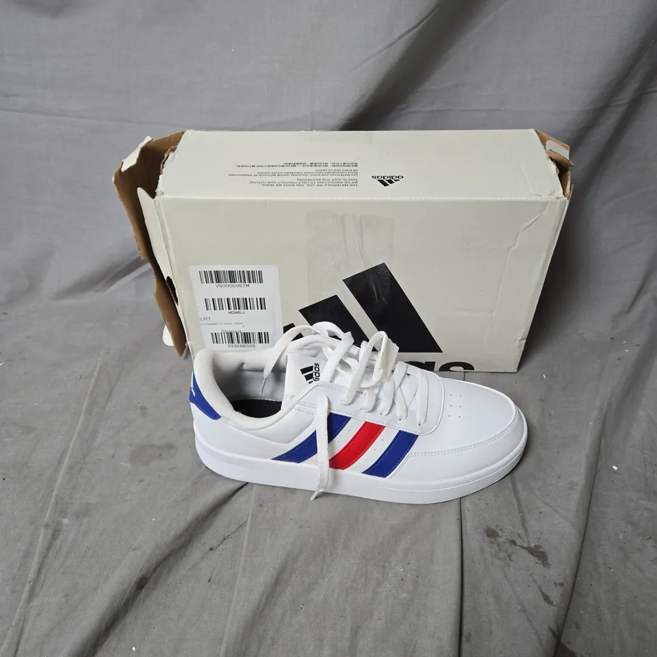 ADIDAS WHITE SNEAKERS WITH RED & BLUE STRIPES - UK SIZE 8