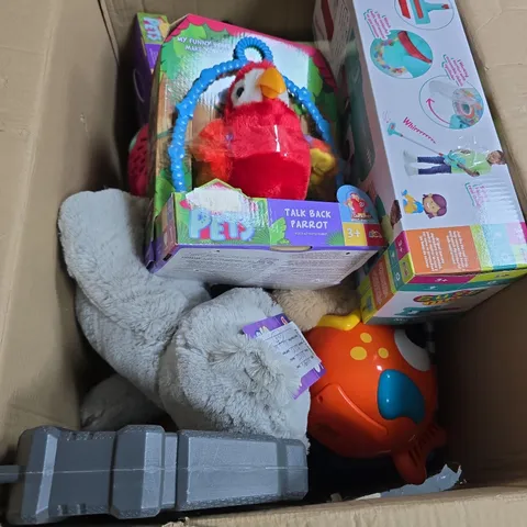 BOX OF APPROXIMATELY 12 ASSORTED TOYS INCLUDING TALK BACK PARROT , PLAYFUL PUPPY PAL  AND MY VACUUM CLEANER 