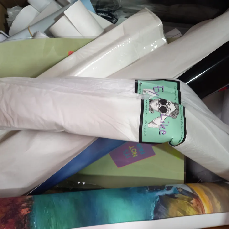 BOX OF APPROXIMATELY 15 ASSORTED ARTWORK ITEMS TO INCLUDE MONA LISA TOILET ROLL PARODY ART PRINT, ABSTRACT PAINTING, ETC