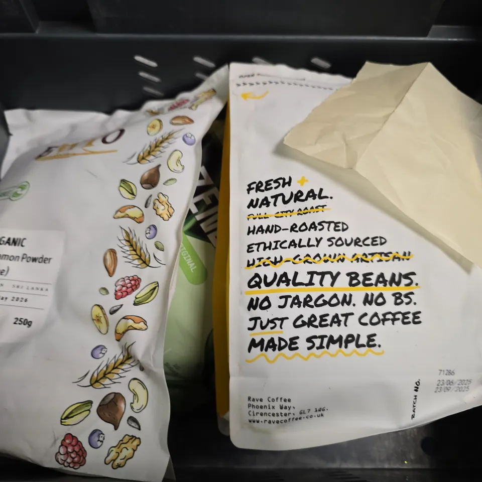 APPROXIMATELY 7 ASSORTED FOOD & DRINK ITEMS TO INCLUDE - VIP NUTS HOT CHILLI , HERMESETAS LIQUID , EXHALE ORGANIC DECAF COFFEE ETC
