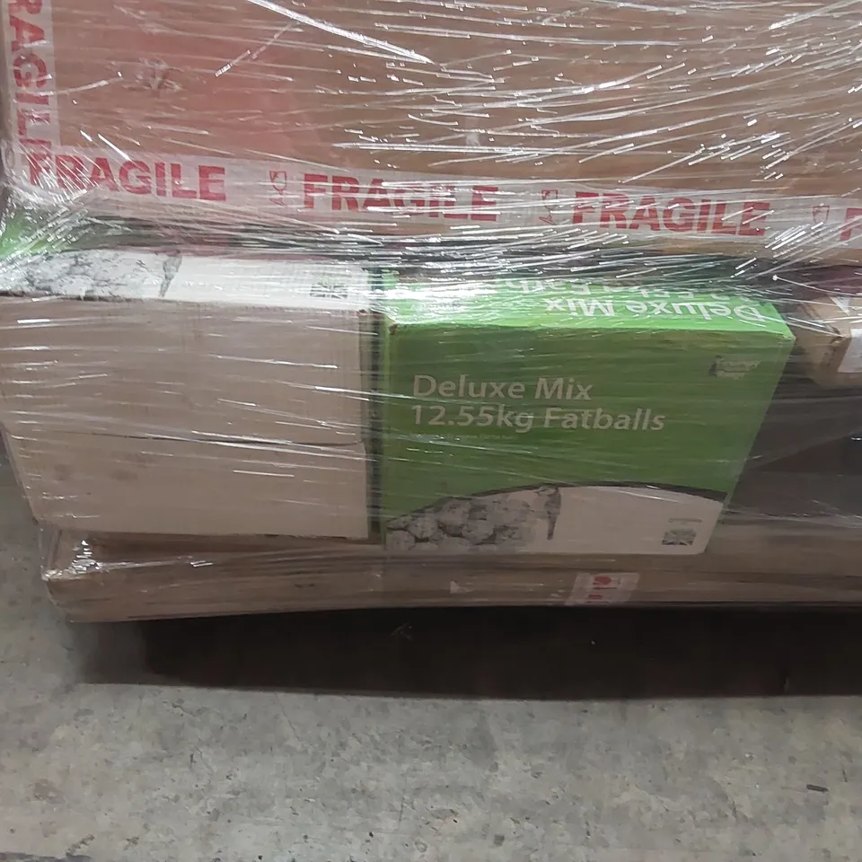 PALLET CONTAINING VARIOUS ASSORTED ITEMS TO INCLUDE: STORAGE CABINET, FURNITURE PARTS, DELUXE MIX FAT BALLS (BIRD FOOD) ECT