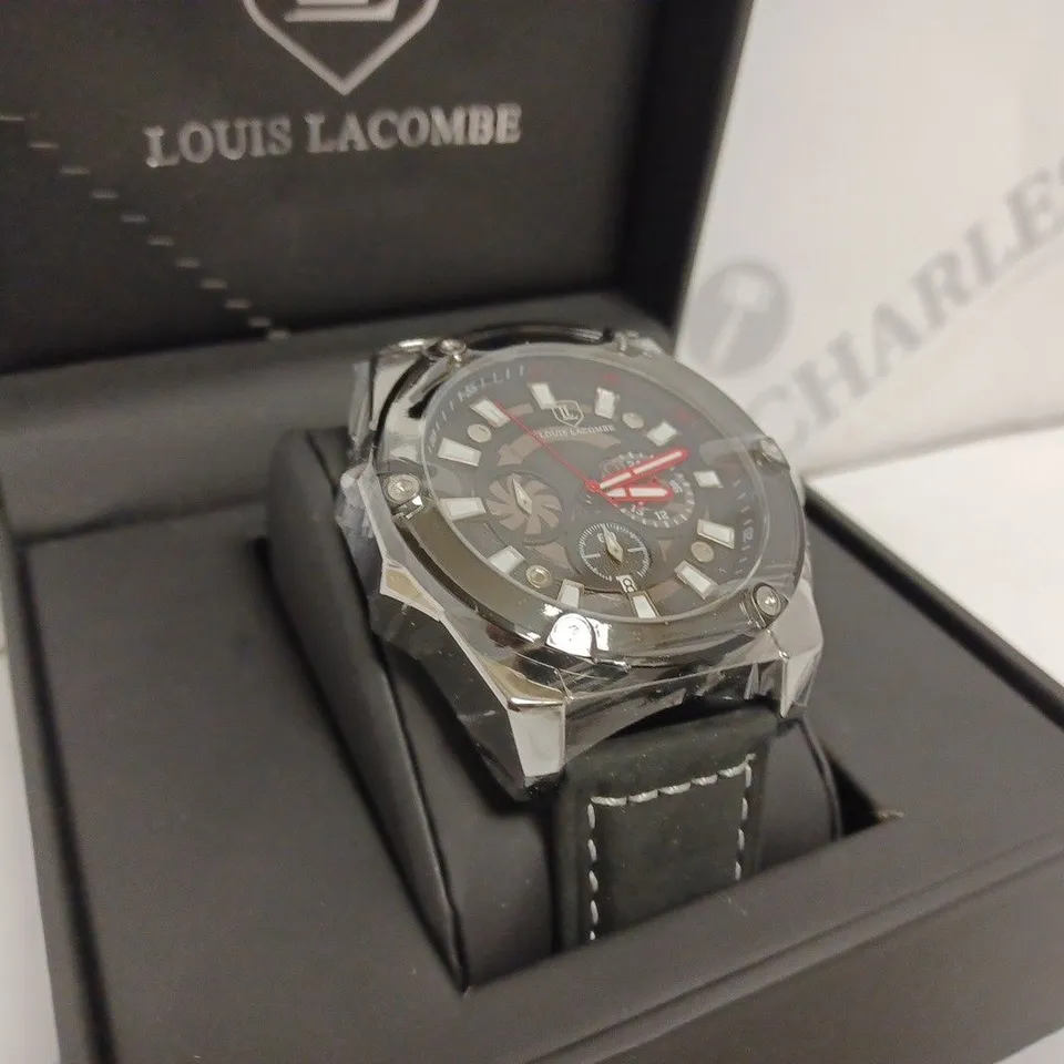 LOUIS LACOMBE MENS WATCH - MULTI FUNCTION BLACK DIAL - STAINLESS STEEL CASE - LEATHER STRAP - 3ATM WATER RESISTANT - DISPLAY BOX