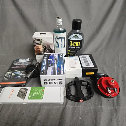 APPROXIMATELY 10 ASSORTED VEHICLE PARTS TO INCLUDE BIKE PEDAL, CAR WASH AND JUMP STARTER