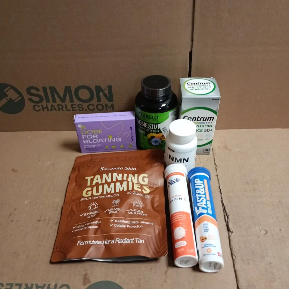 TOTE OF APPROXIMATELY 25 ASSORTED VITAMIN/SUPPLEMENT RELATED PRODUCTS TO INCLUDE TANNING GUMMIES, CENTRUM, A DOSE FOR BLOATING, BOOTS VIT C, WELLNESS NMN ETC