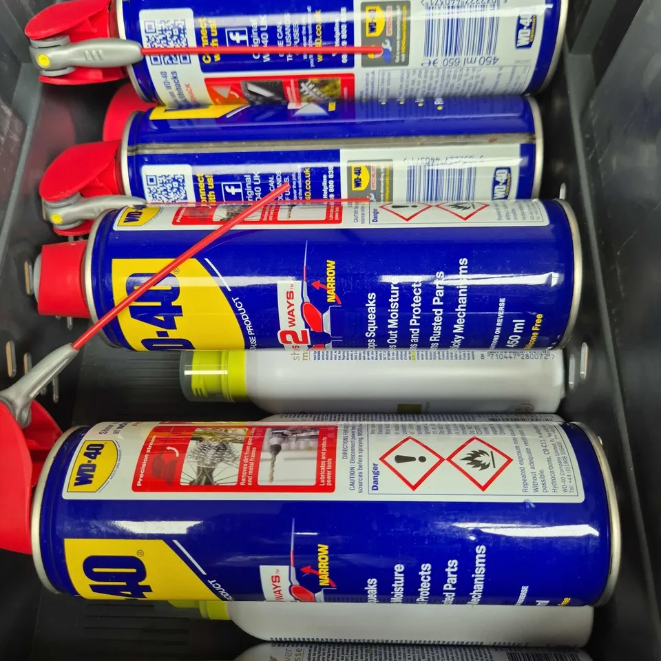 APPROXIMATELY 10 ASSORTED AEROSOLS TO INCLUDE DOVE , WD-40 AND WHITE LITHIUM GREASE