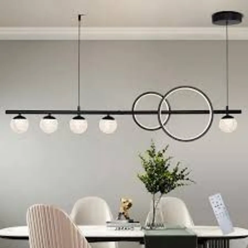 BOXED 58-WATT 7-LIGHT BLACK DIMMABLE INTEGRATED LED PENDANT LIGHT WITH WHITE ACRYLIC SHADE AND REMOTE