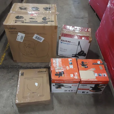 PALLET OF ASSORTED ITEMS INCLUDING: ELECTRIC SANDERS, DELUXE VACUUM CLEANER, SMART CAT LITTER BOX, INFRARED HOT PLATE ECT