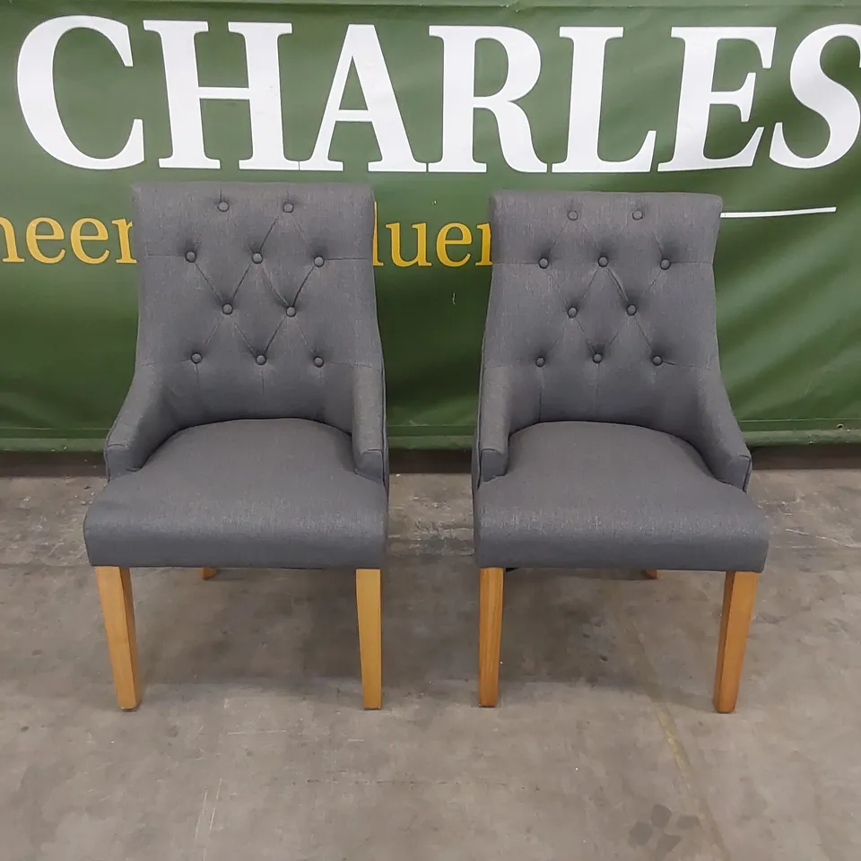 SET OF 2 DUKE SLATE FABRIC BUTTON BACK DINING CHAIRS WITH OAK LEGS 