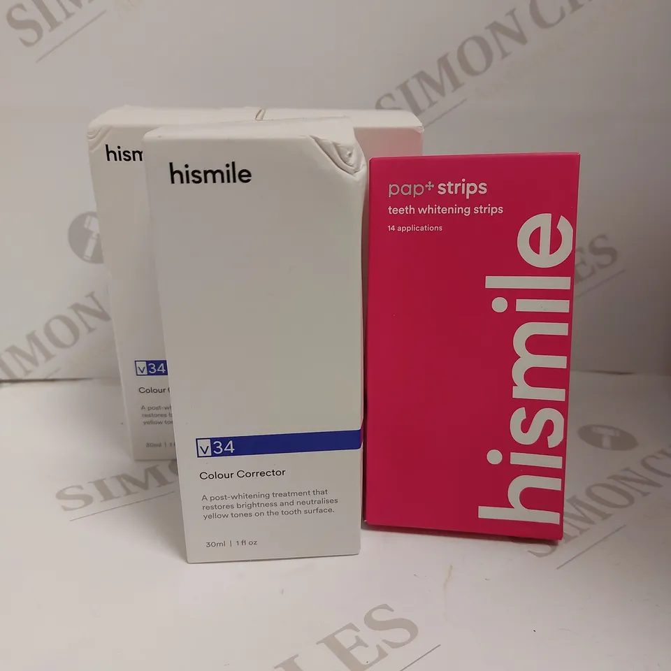 LOT OF 4 HISMILE PRODUCTS TO INCLUDE 3 X 30ML V34 COLOUR CORRECTOR TEETH WHITENING TOOTH STAIN REMOVAL & PAP+ TEETH WHITENING STRIPS