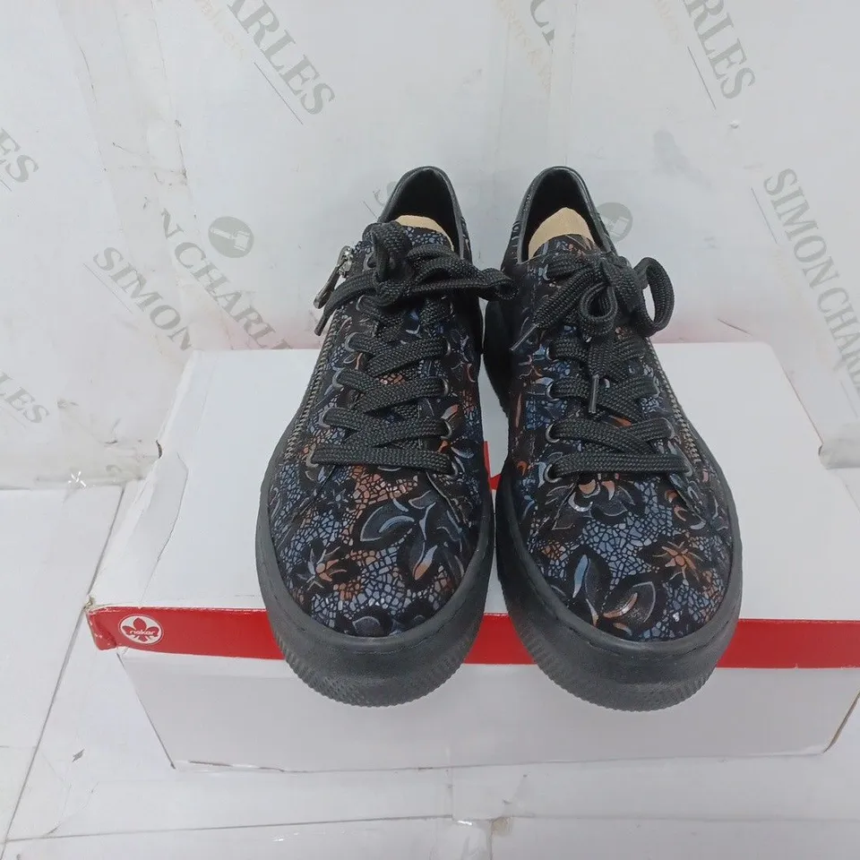 BOXED PAIR OF RIEKER FLORAL TRAINERS IN BLACK SIZE 5 