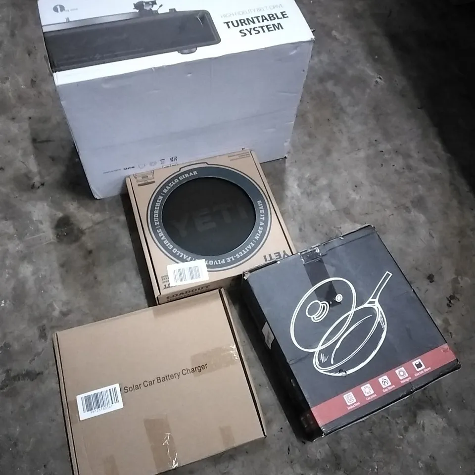 PALLET OF HOUSEHOLD ITEMS TO INCLUDE TURNTABLE SYSTEM, YETI BUCKET SWIVEL SEAT,WOK,SOLAR CAR BATTERY CHARGER AND OTHER ASSORTED ITEMS...