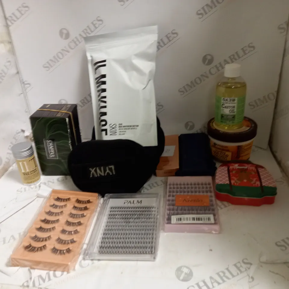BOX OF ASSORTED COSMETIC ITEMS TO INCLUDE FALSE EYELASHES, CASTOR OIL AND WAX STICKS