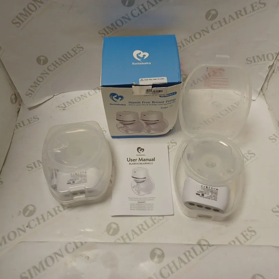 BOXED BELLABABY HANDS FREE BREAST PUMP WITH USB CHARGING CABLE AND INSTRUCTIONS