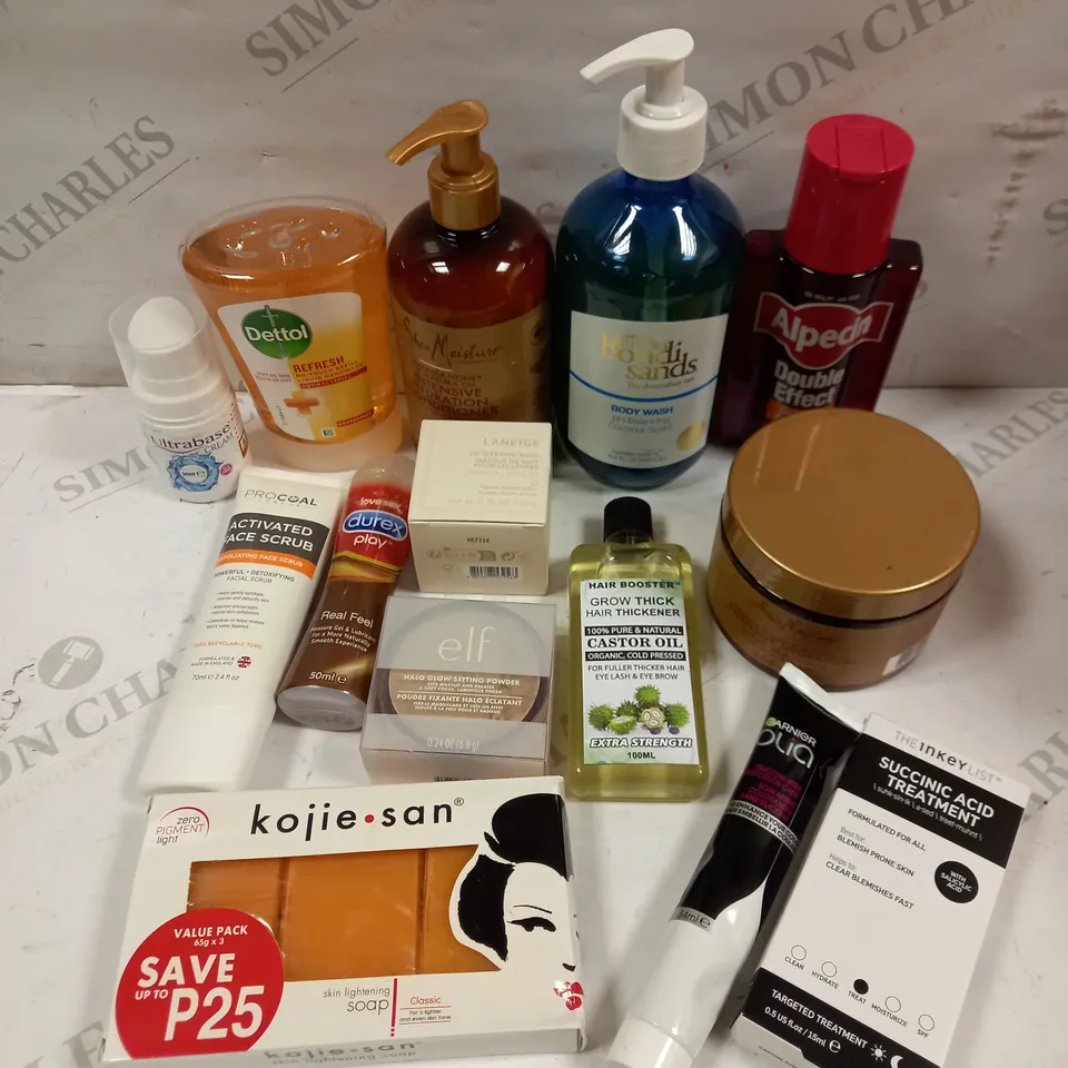BOX OF APPROXIMATELY 20 ASSORTED HEALTH & BEAUTY PRODUCTS TO CONTAIN ALPECIN DOUBLE EFFECT CAFFEINE SHAMPOO, KOJIE SAN SKIN LIGHTENING SOAP, PROCOAL ACTIVATED FACE SCRUB ETC 