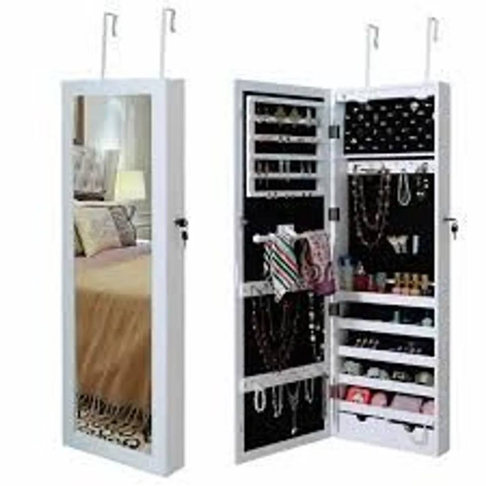 BOXED COSTWAY LOCKABLE JEWELRY CABINET WITH FULL LENGTH MIRROR AND LED LIGHTS - BROWN