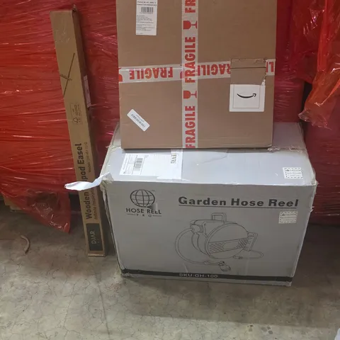 PALLET OF ASSORTED HOUSEHOLD GOODS AND PRODUCTS TO INCLUDE;GARDEN HOSE REEL,TRIPOD,PICTURE FRAME