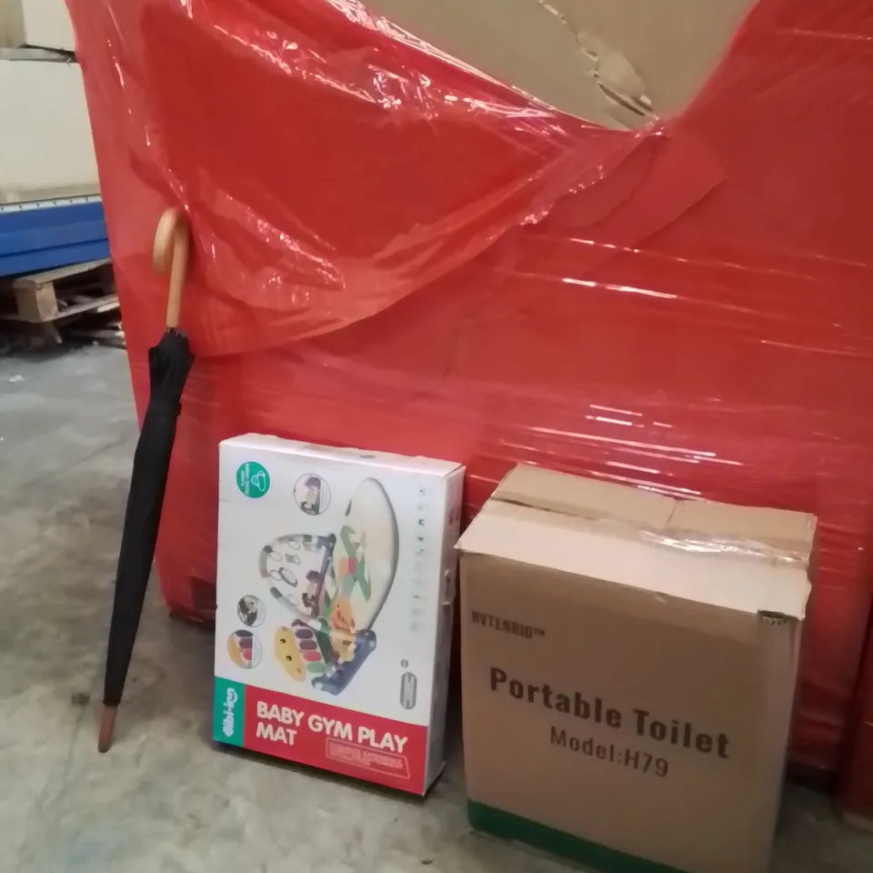 PALLET OF ASSORTED HOUSEHOLD GOODS AND PRODUCTS TO INCLUDE;UMBRELLA,GYM PLAY MAT,PORTABLE TOILET 