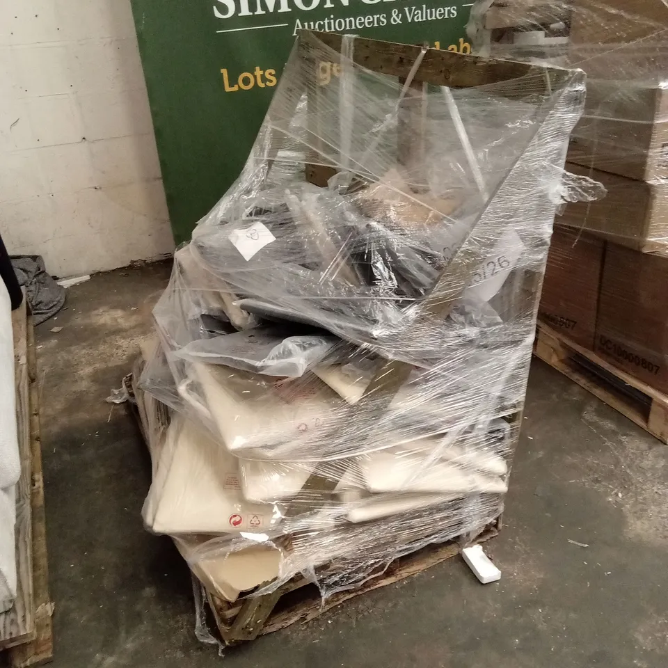 PALLET OF ASSORTED INCOMPLETE DESIGNER DINING CHAIR PARTS AND PIECES, SEAT PADS ONLY