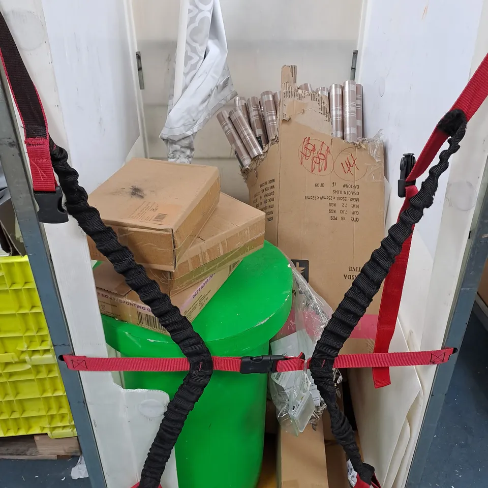 CAGE OF ASSORTED ITEMS TOO INCLUDE BLACKOUT BLINDS , WALLPAPER , TRAINING GLOVES , ETC 