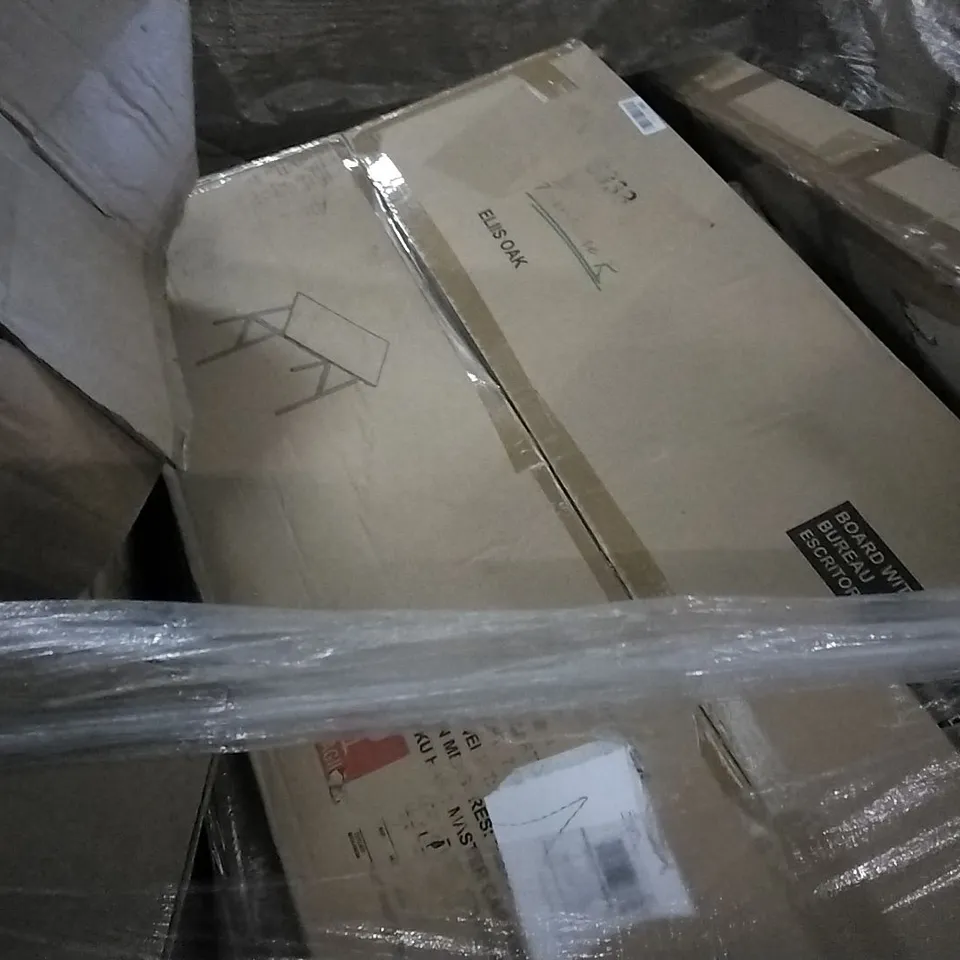 PALLET OF ASSORTED ITEMS INCLUDING BOARD WITH METAL DESK, GREENSEN, FOLDING STORAGE OTTOMAN, ANTI FATIGUE MAT, GREENSTALL LAUNDRY HAMPER 