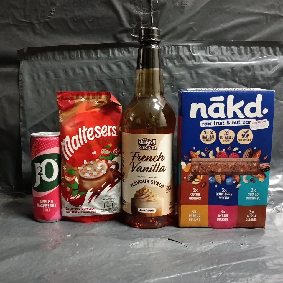 APPROXIMATELY 12 ASSORTED FOOD AND DRINK ITEMS TO INCLUDE J2O, NAKD, ETC