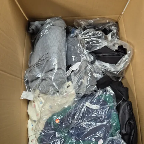 LARGE BOX OF ASSORTED CLOTHING ITEMS IN VARIOUS SIZES, STYLES AND COLOUR 