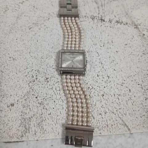 GUESS LADIES' PEARL-BEAD BRACELET STRAP WATCH WITH CRYSTAL BEZEL