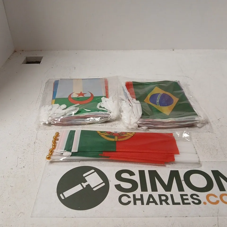 BOX OF APPROXIMATLEY 14 SETS OF ASSORTED FLAGS TO INCLUDE BRAZIL, PORTUGAL ETC