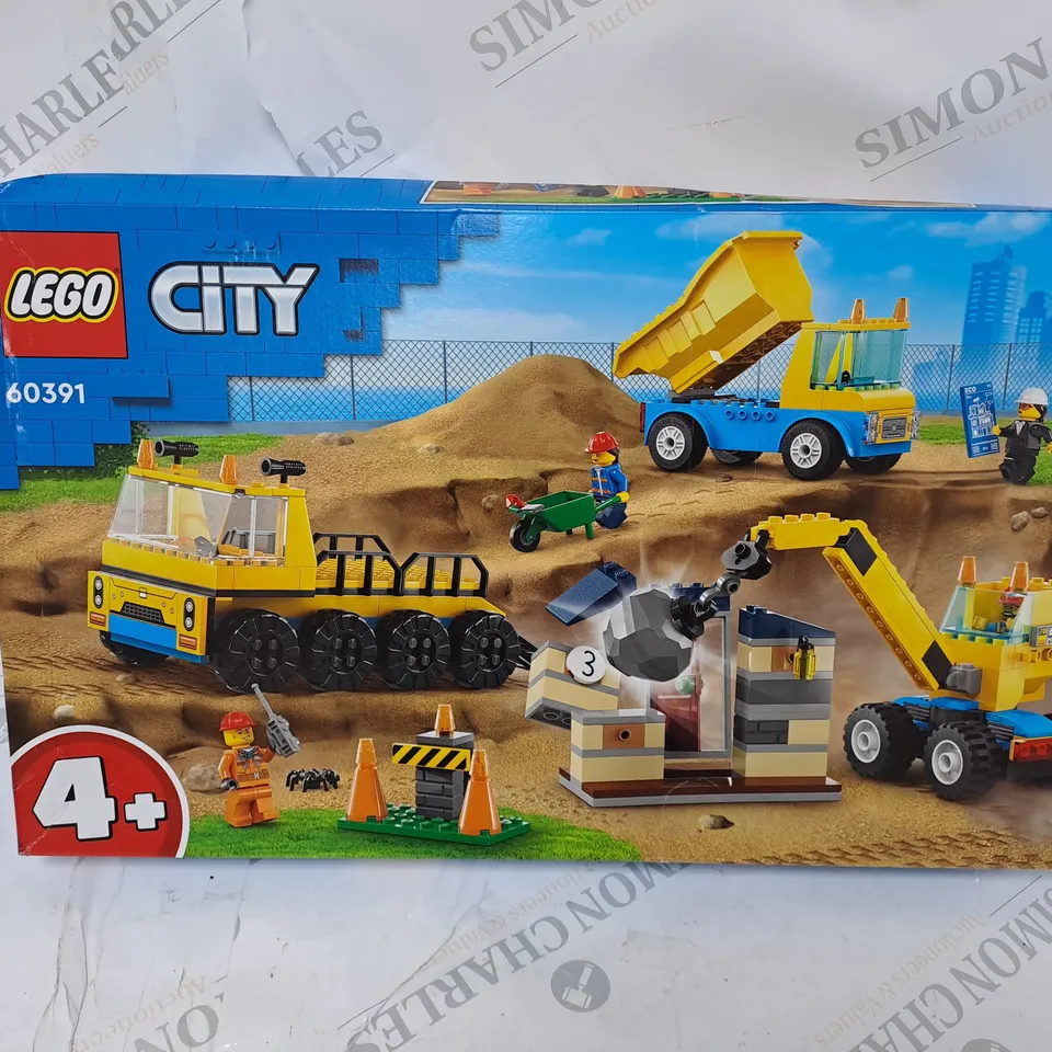 BOXED LEGO CITY CONSTRUCTION TRUCKS AND WRECKING BALL CRANE SET - 60391
