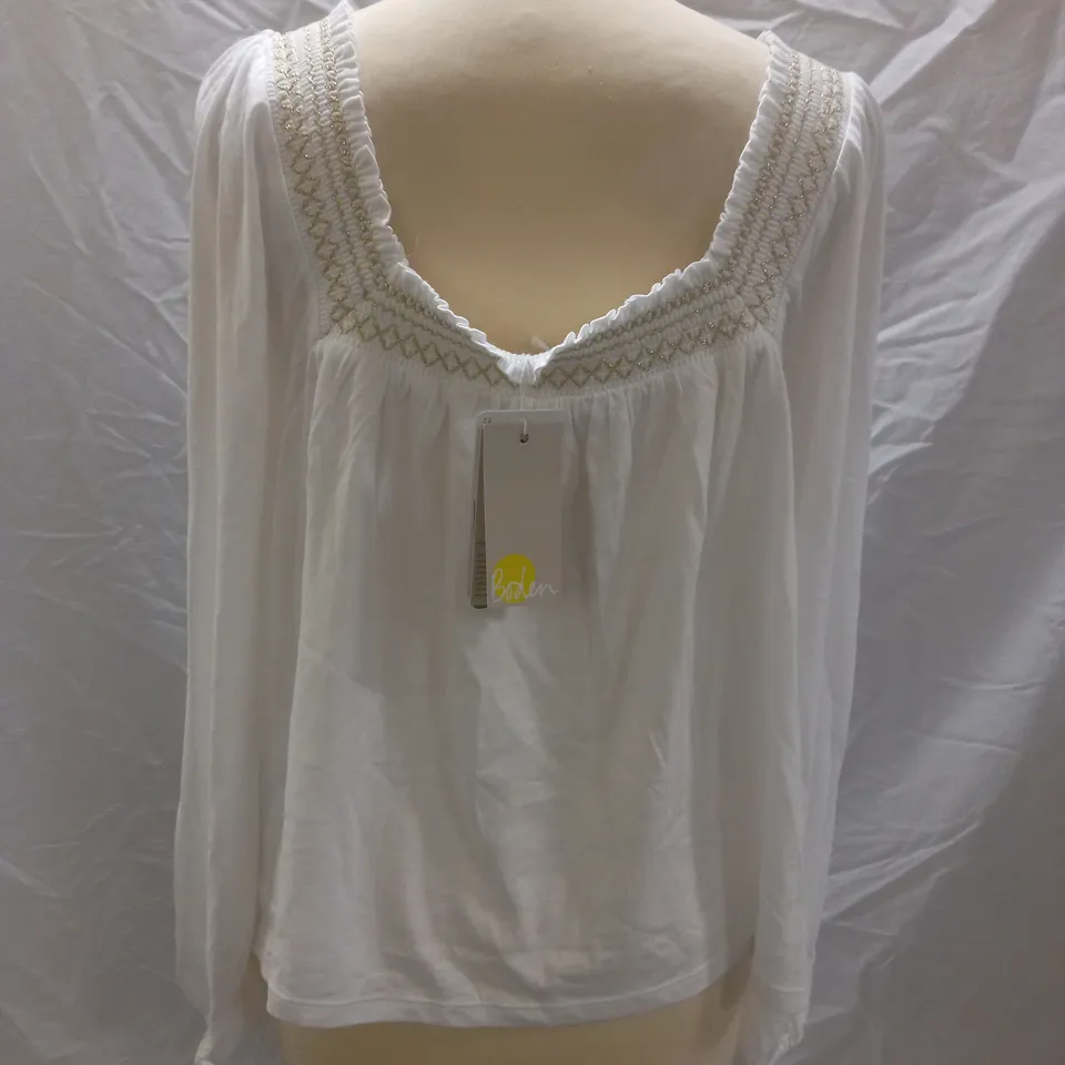 BODEN SMOCK DETAIL SQUARE NECK TOP, WHITE - SIZE 14